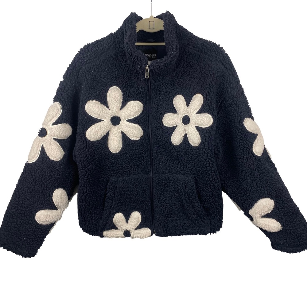 Mark Edwards Studio Fuzzy Fleece Daisy Jacket‎ Navy Blue Size S